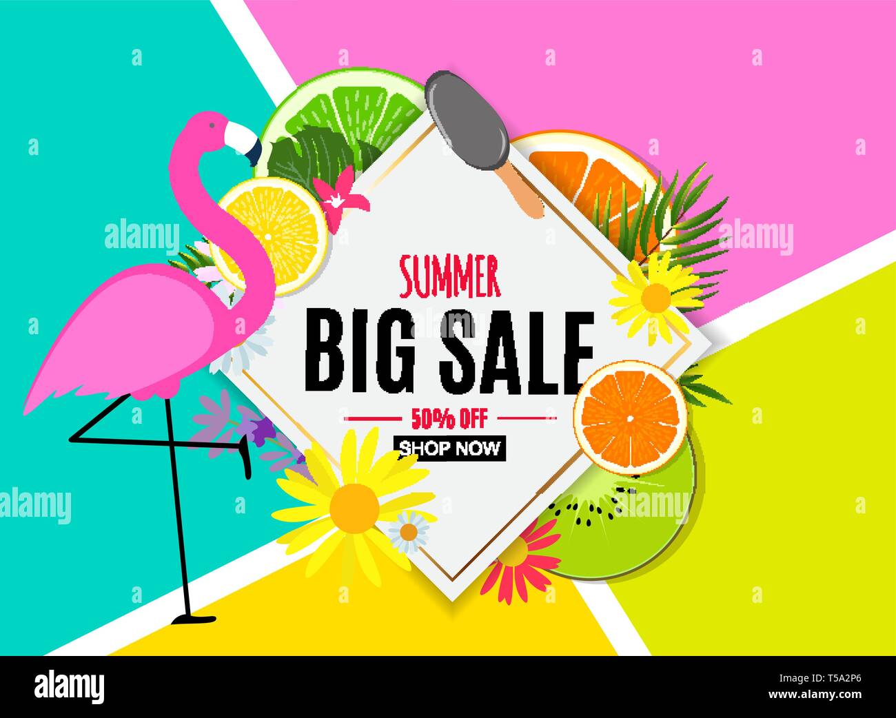 Abstract Summer Sale Background with Palm Leaves and Flamingo. Vector ...