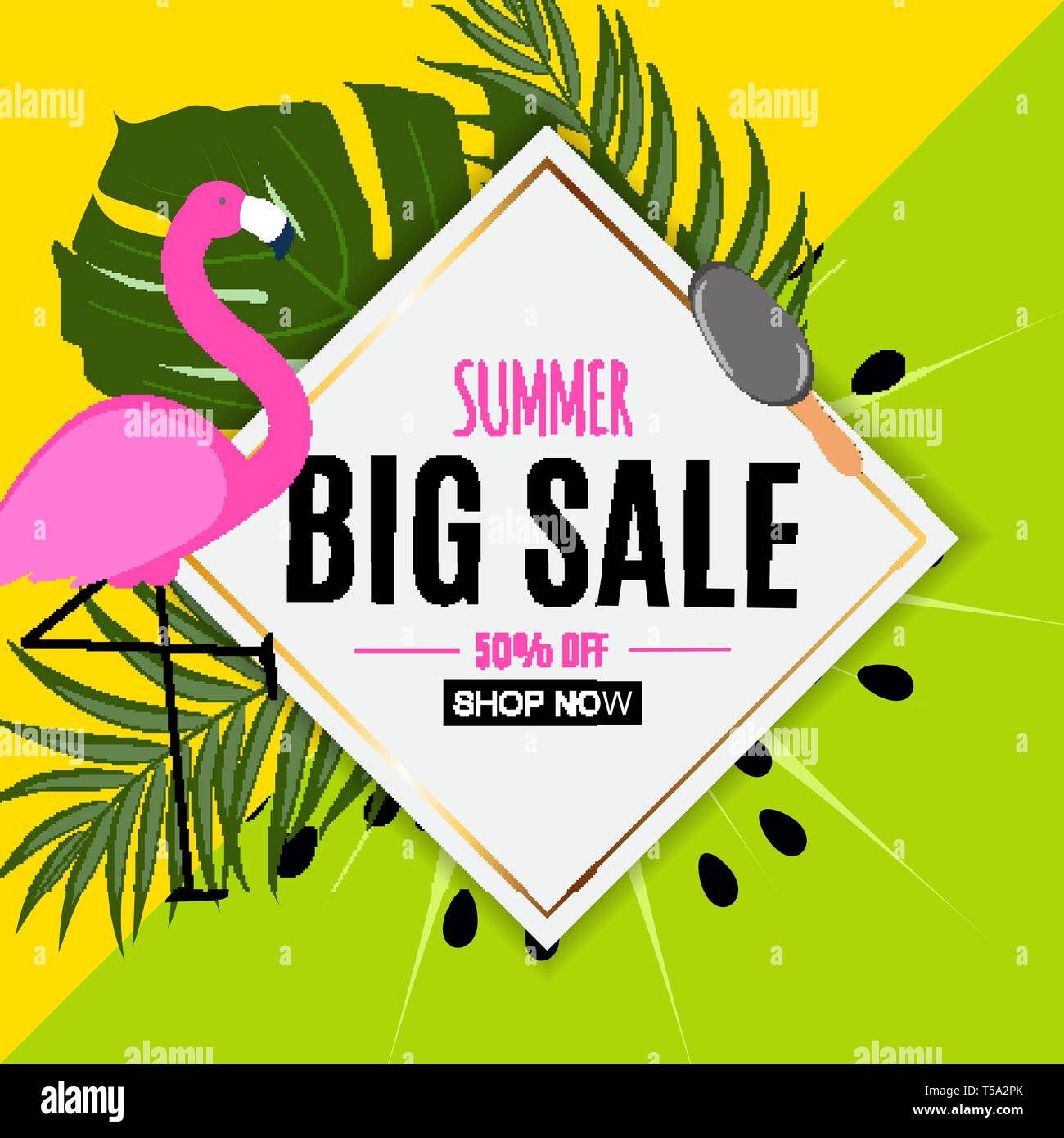 Abstract Summer Sale Background with Palm Leaves and Flamingo. Vector ...