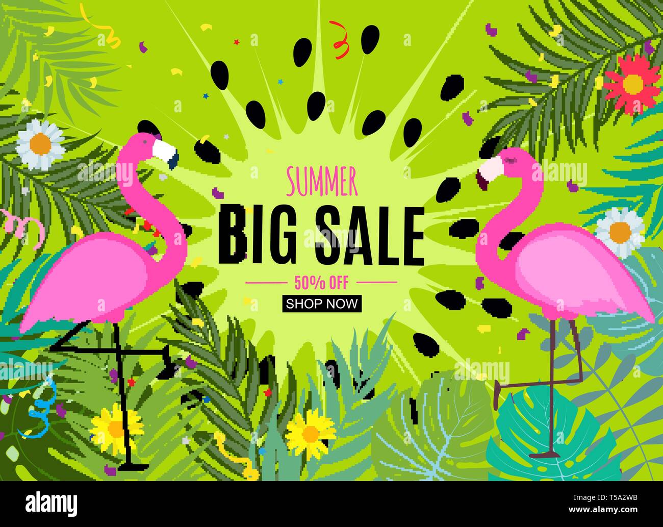 Abstract Summer Sale Background with Palm Leaves and Flamingo. Vector ...
