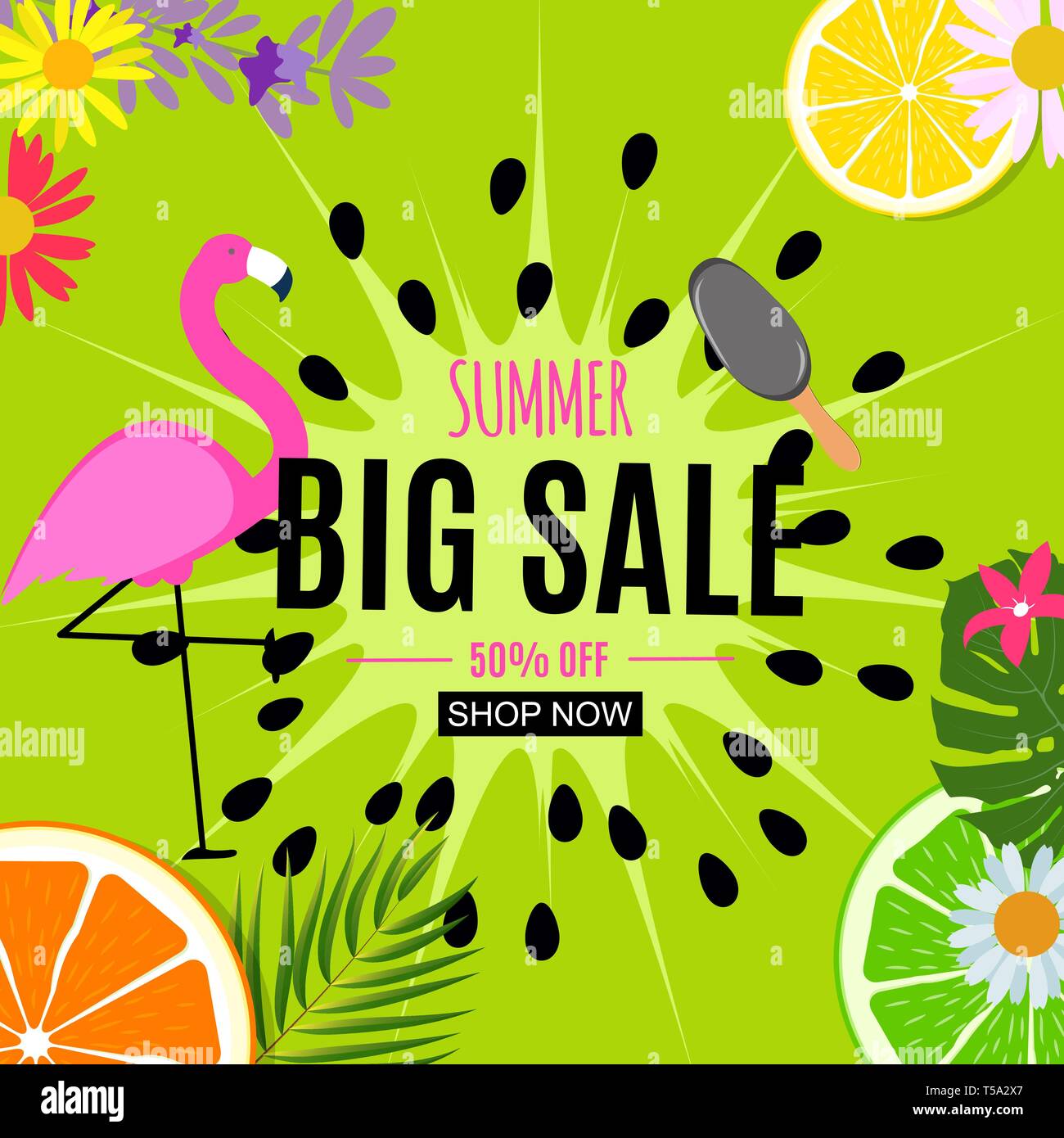 Abstract Summer Sale Background with Palm Leaves and Flamingo. Vector ...