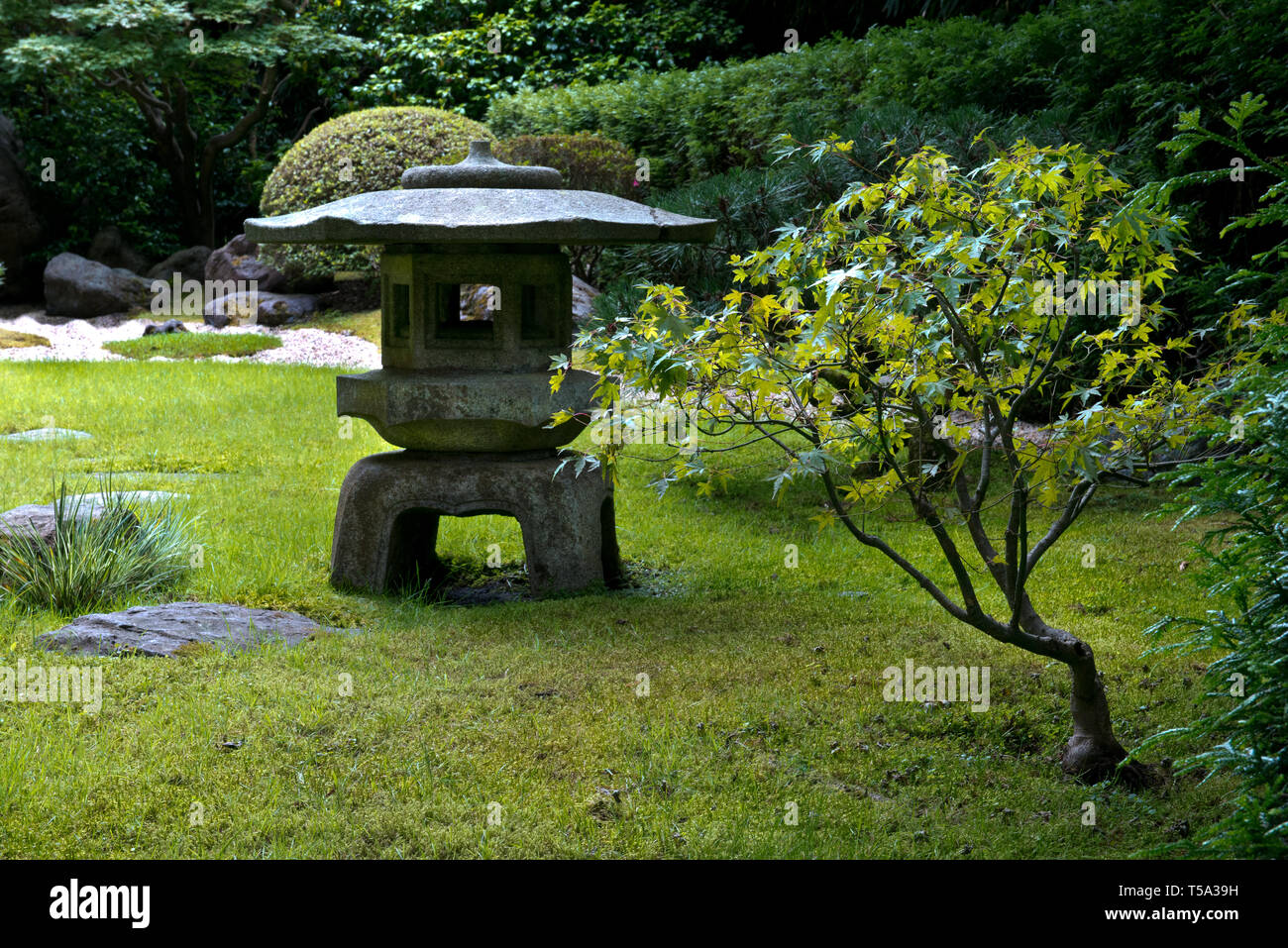 Stone temple garden decoration in the Japanese Tea Garden located in Golden Gate Park, San Francisco California. Stock Photo