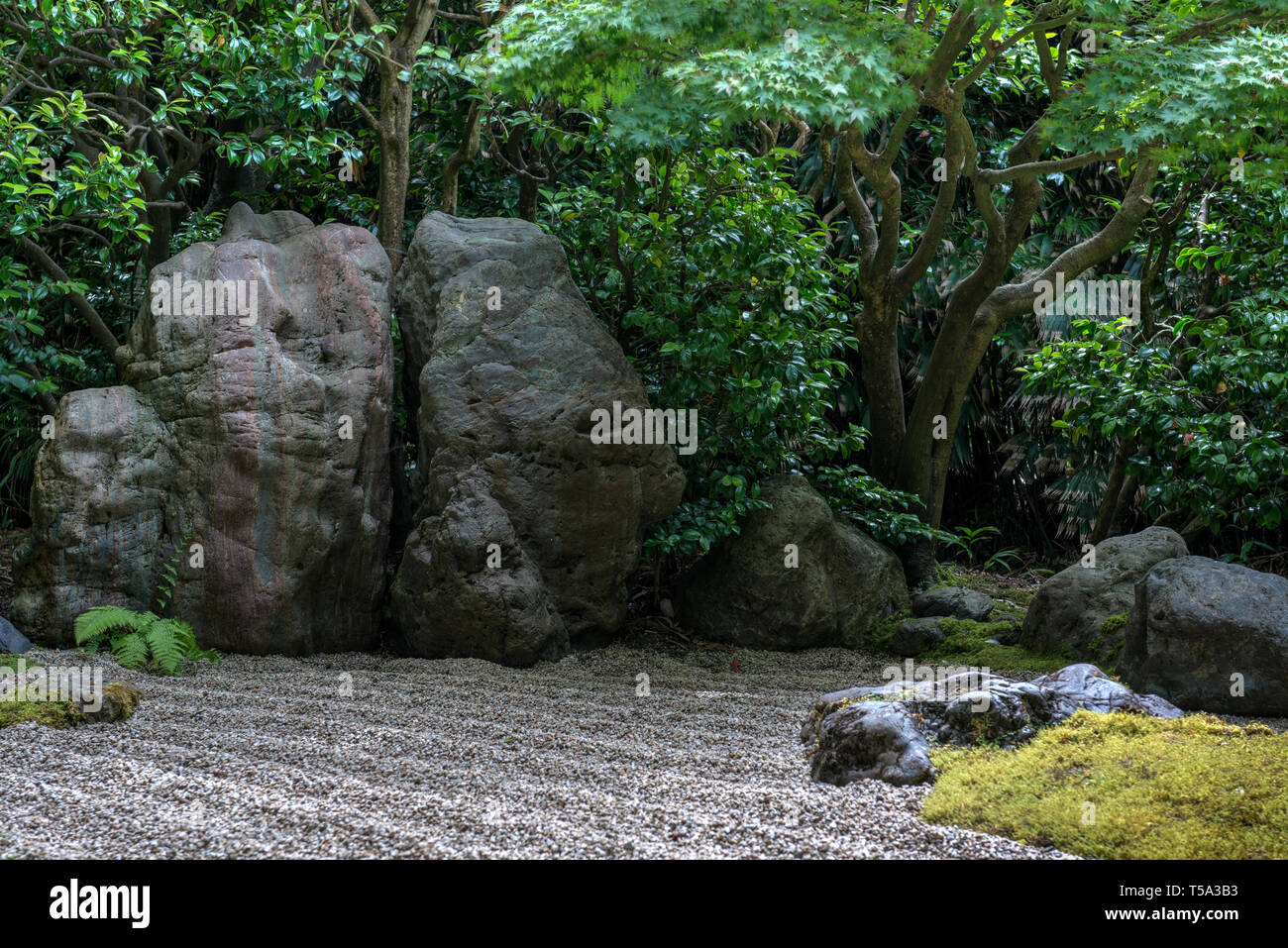 Zen Garden with stone in the Japanese Tea Garden located in Golden Gate Park, San Francisco California. Stock Photo