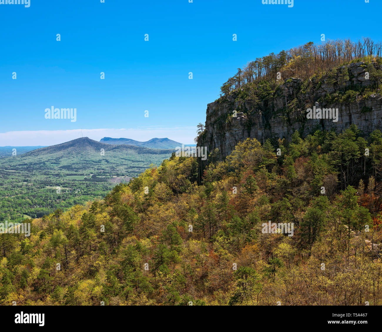 View from the overlook at Pilot Mountain State Park. Big pinnacle. Springtime mountain landscape image. Stock Photo