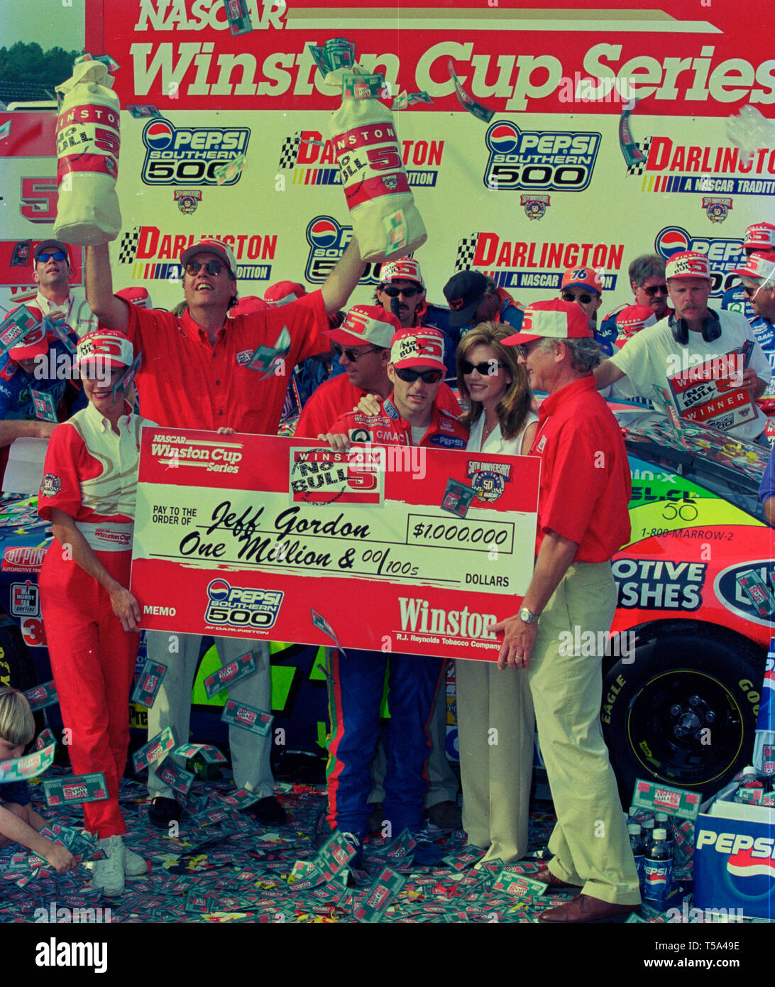 Jeff Gordon celebrates winning the Southern 500  on September 6, 1998 at Darlington Raceway. Stock Photo