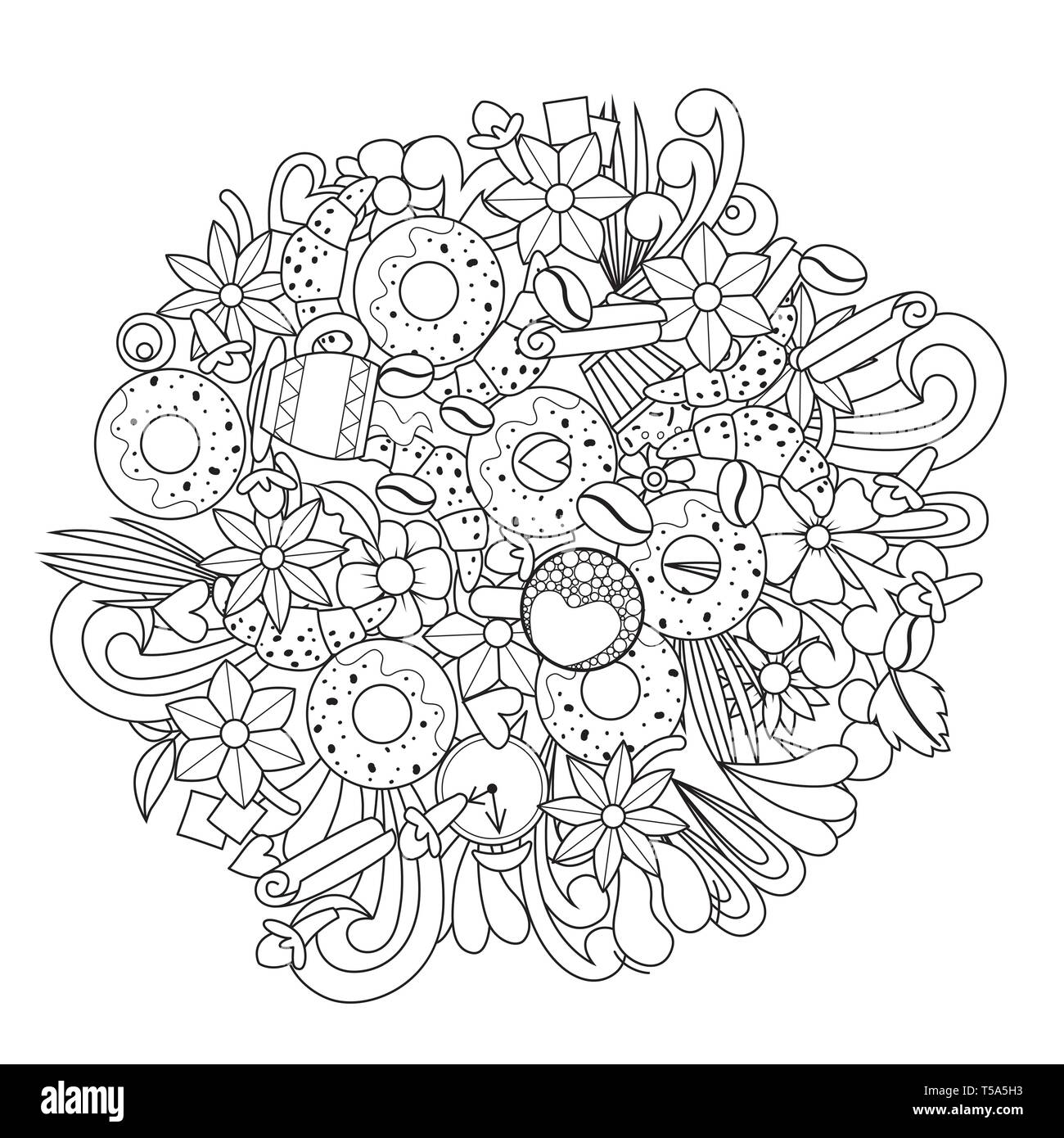 Coffee doodle design. Vector illustration. Cafe takeaway beverage. Coloring book Stock Vector