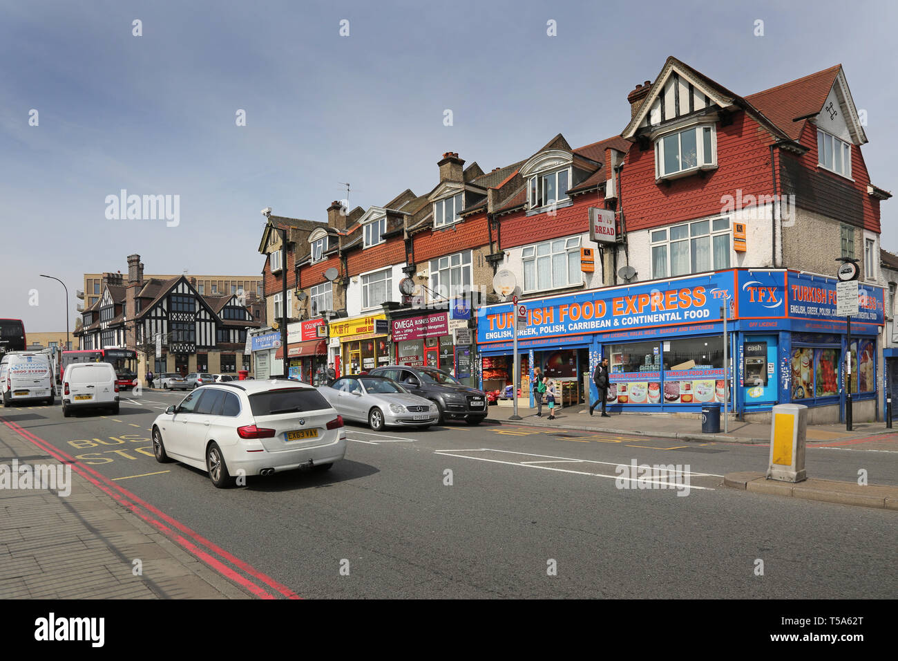 Busy traffic on the South Circular Road in Catford,South London, UK. View west towards Catford Bridge station. Stock Photo