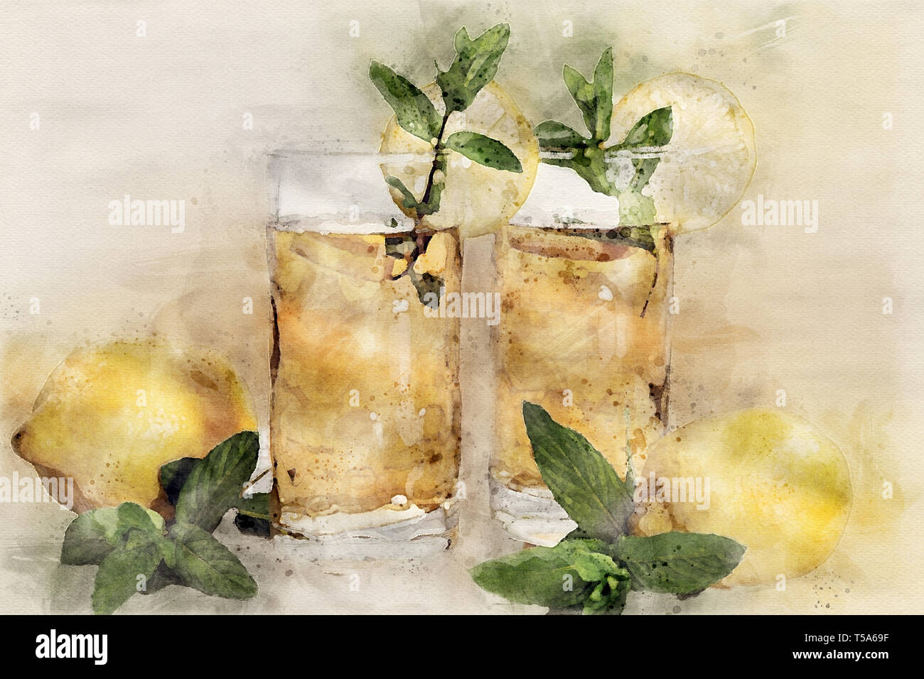 tè al limone con menta due bicchieri Stock Photo
