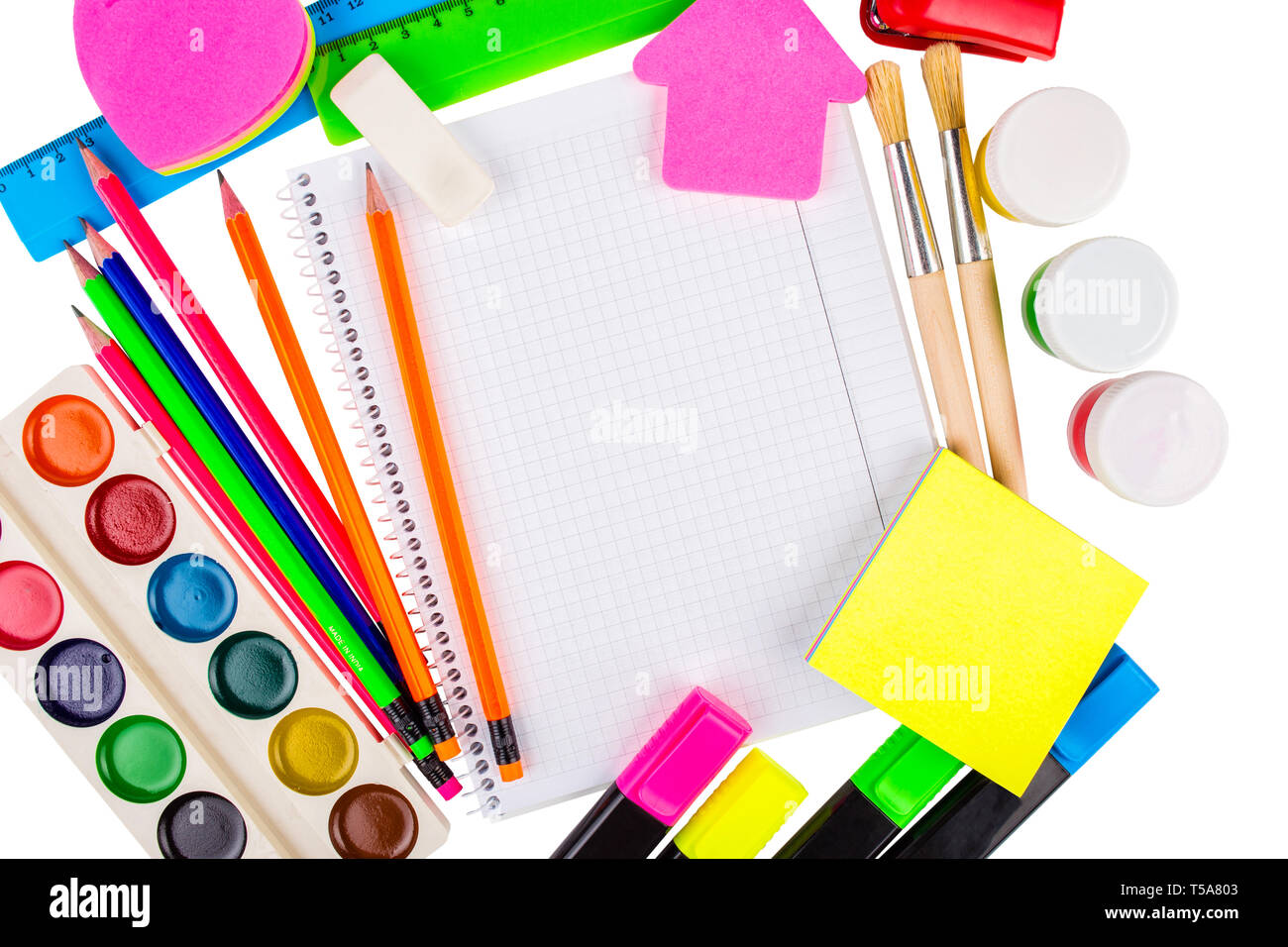Sticker Stapler Stationery isolated on white. Notebooks, markers, pencils, rulers ...