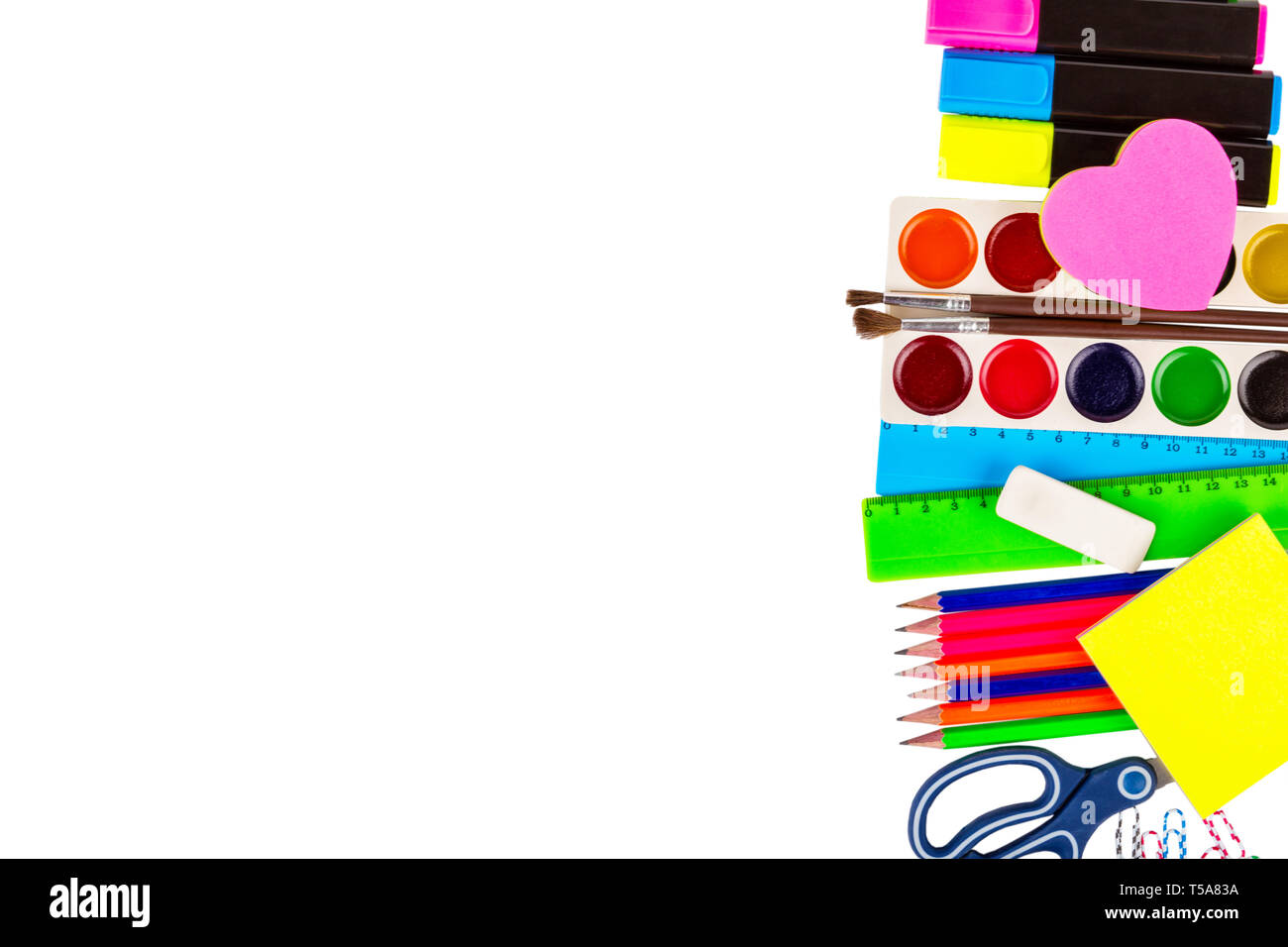 Sticker Stapler Stationery isolated on white. Markers, pencils, rulers, stickers ...
