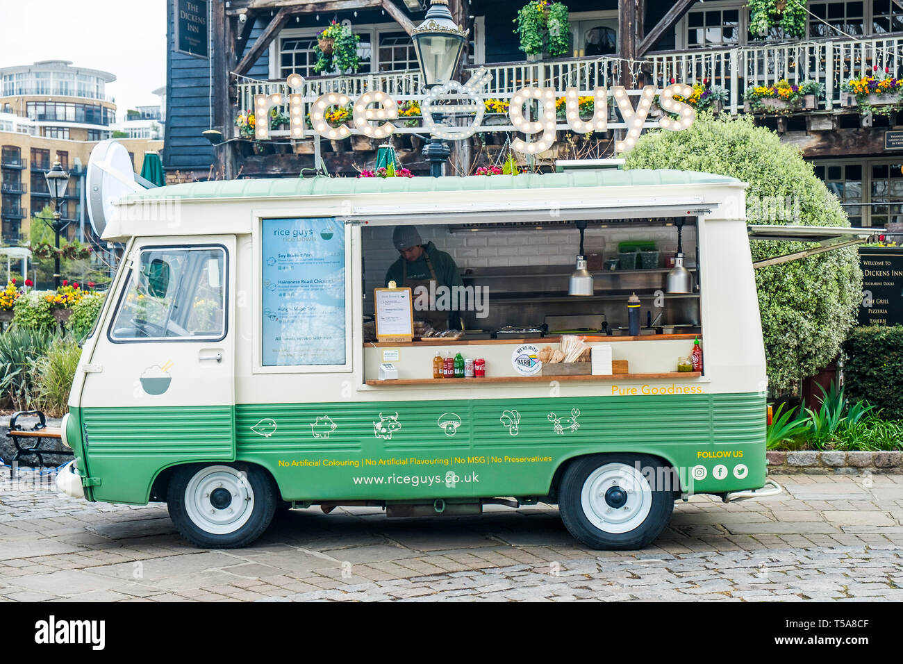 A Rice Guys food van in St Katherine Katherines Dock in Wapping in London. Stock Photo