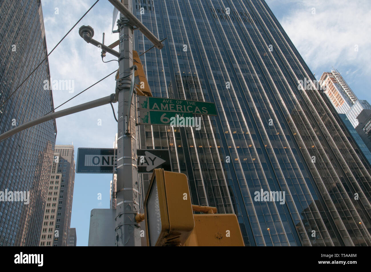 New York City street sign (6th Avenue) with skyscrapers in background. Stock Photo