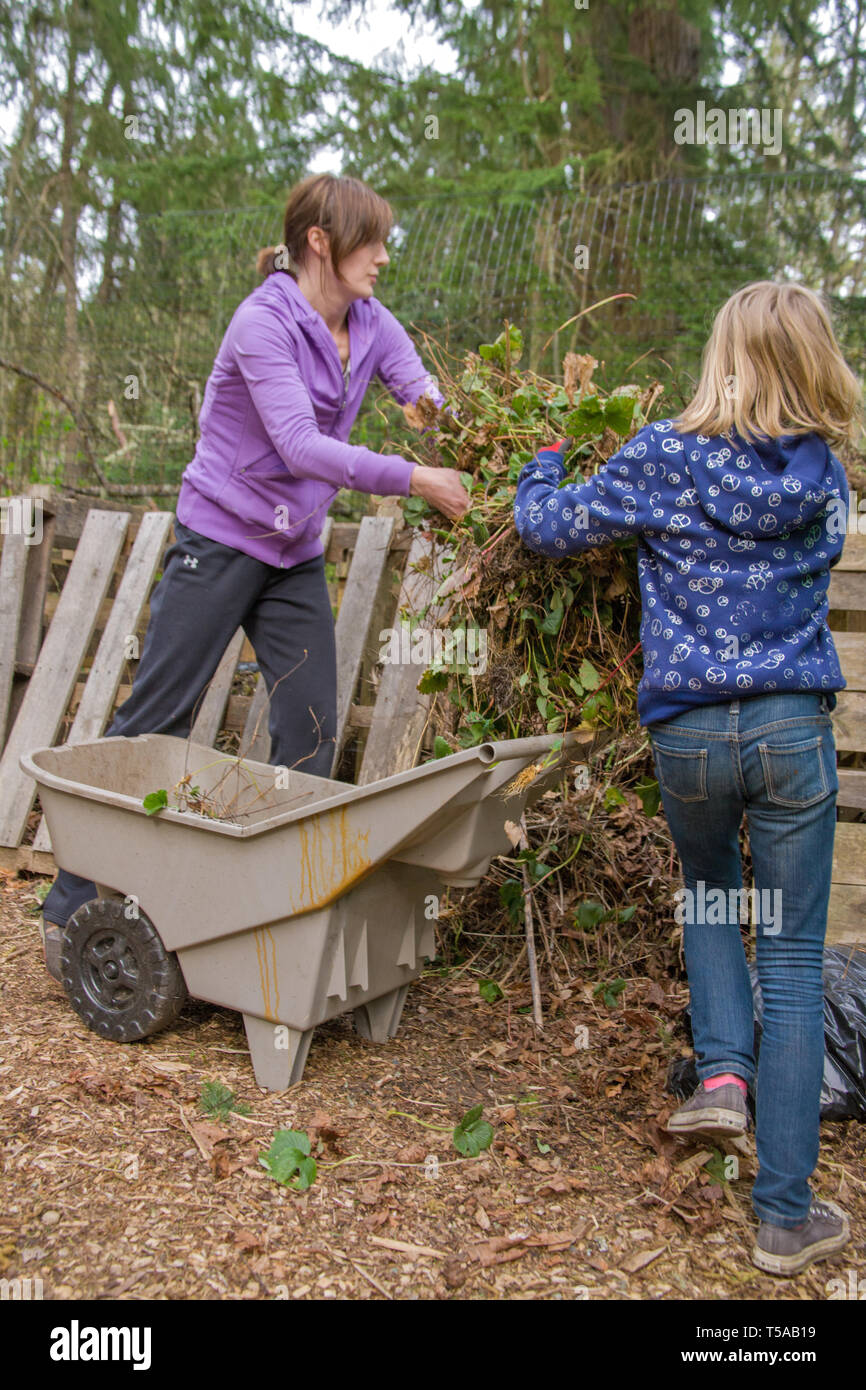 Issaquah, Washington, USA.  Woman and daughter throwing thinned strawberry plants onto compost pile. (MR) (PR) Stock Photo