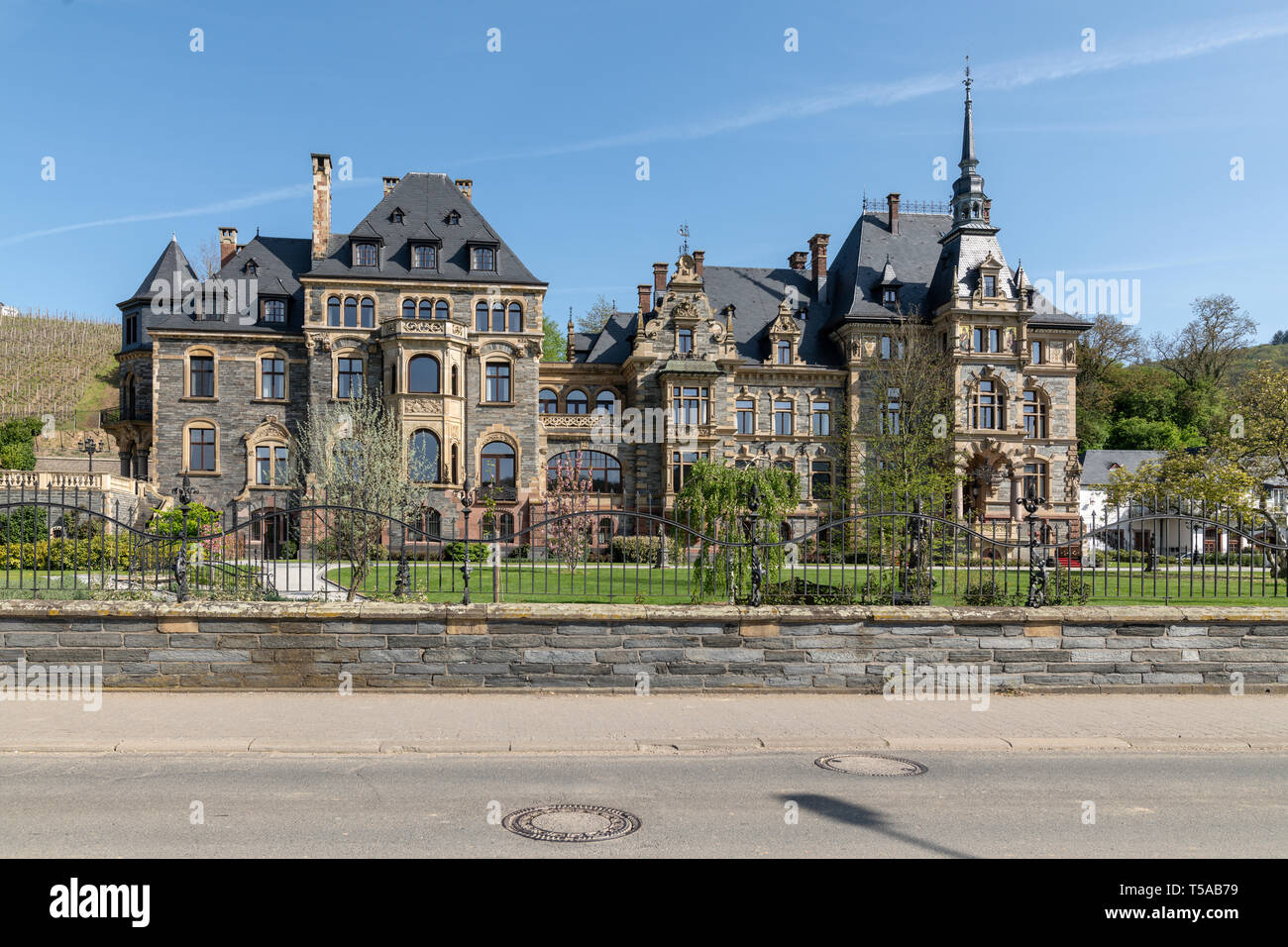 Travel, 22.04.2019, Lieser, Rhineland-Palatinate, Lieser Castle is a castle built in the style of historicism in the wine village of the same name Lie Stock Photo