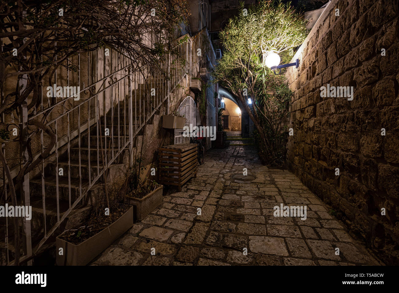 Night view in the alley ways at the Historic Old Port of Jaffa. Taken ...