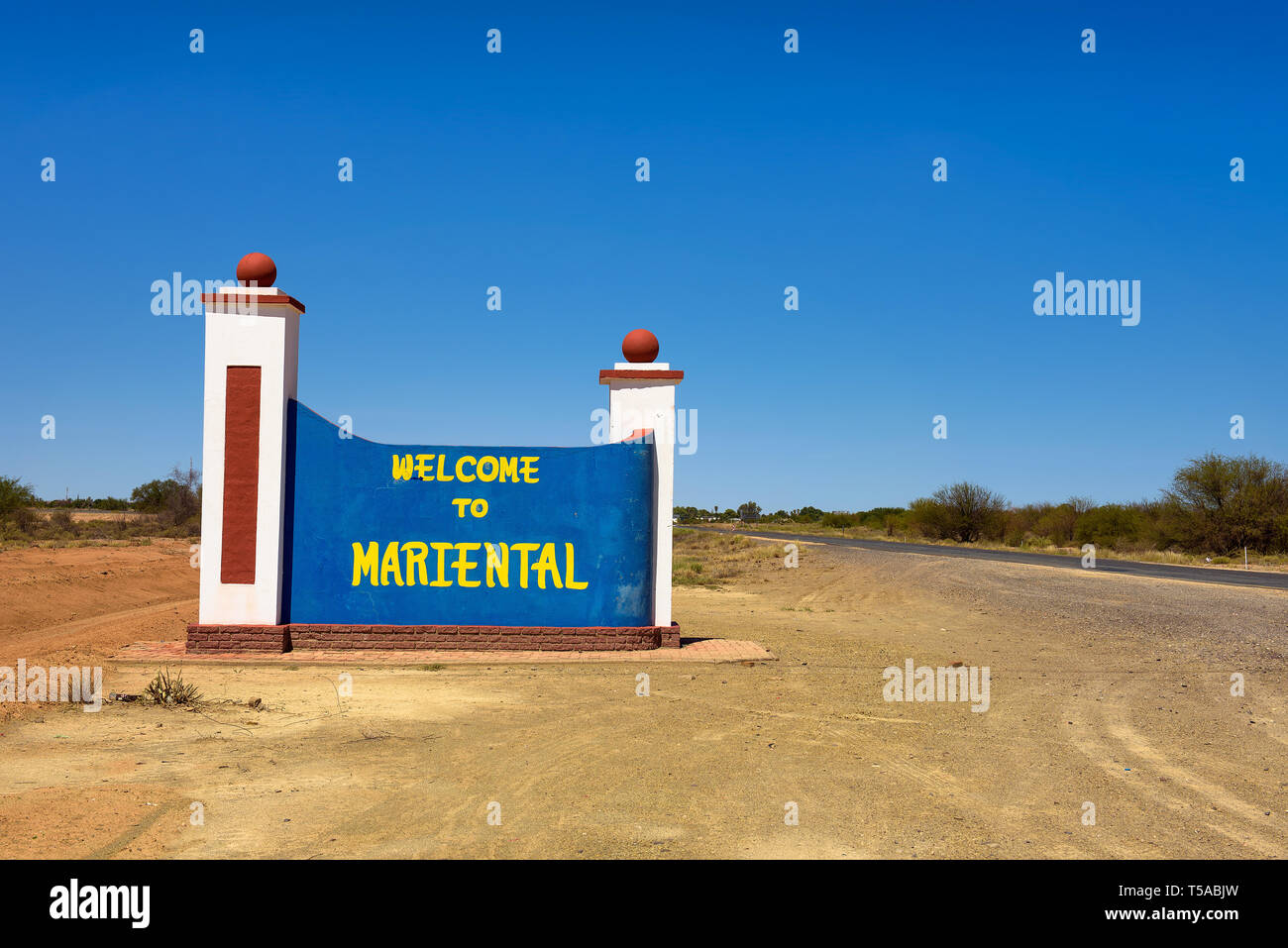Welcome to Mariental road sign between Windhoek and Keetmanshoop in Namibia Stock Photo