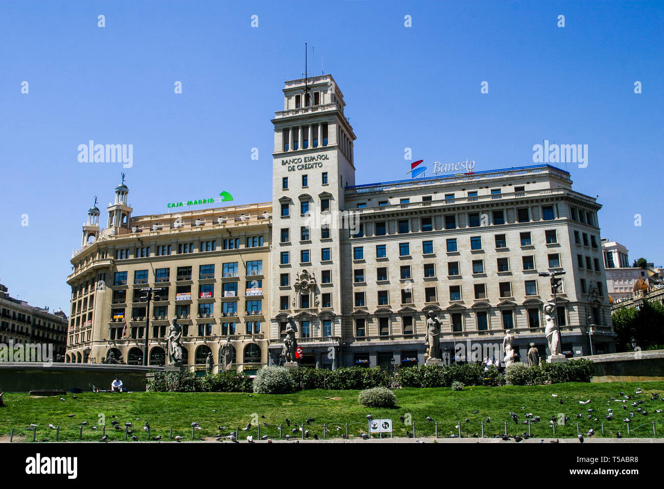 Public Library of Barcelona and Banco Espanol de Credito, Plaça de Catalunya, Barcelona, Catalonia, Spain Stock Photo