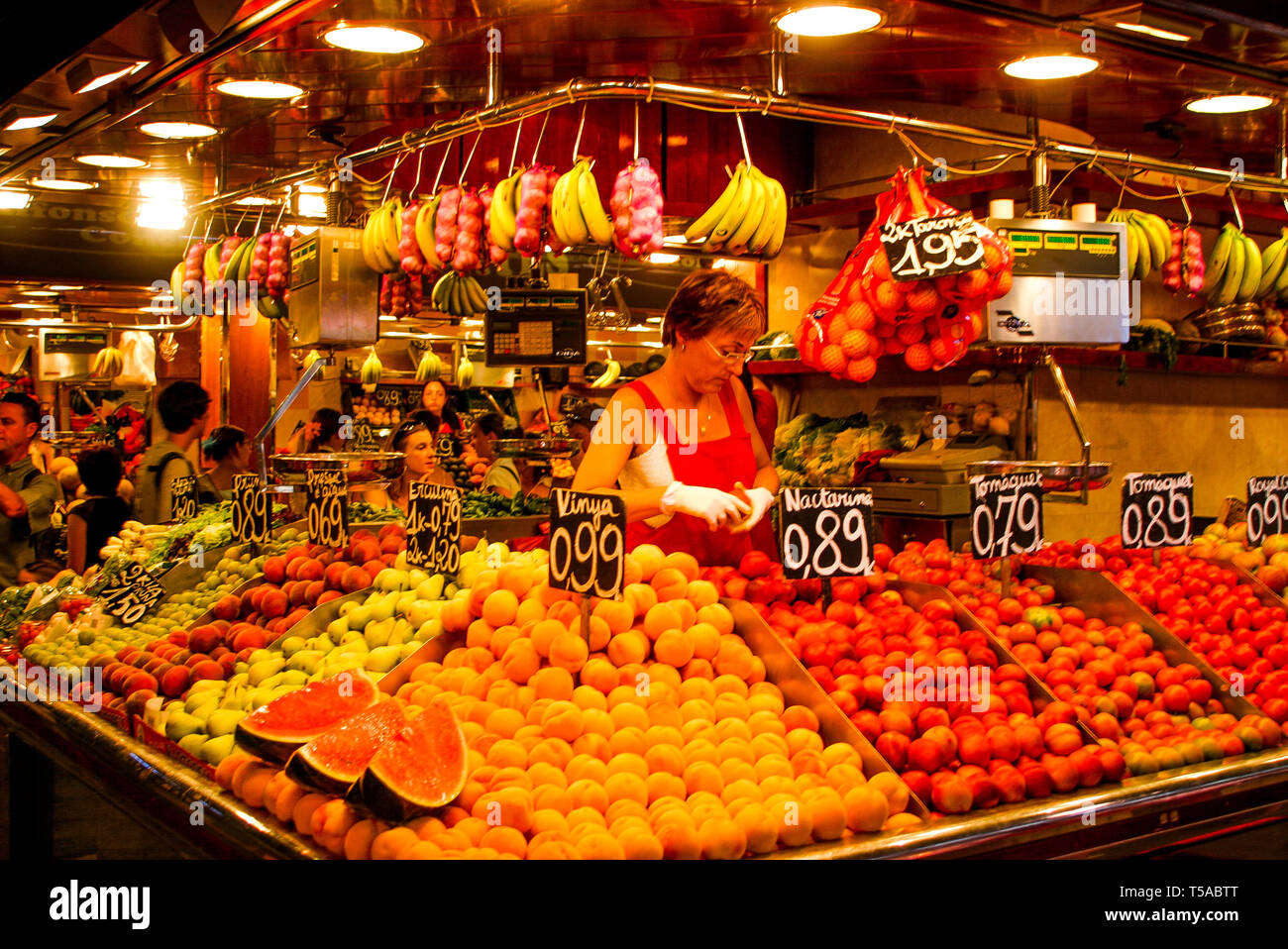 Grocery stall in a covered market, Barcelona, Catalonia, Spain Stock