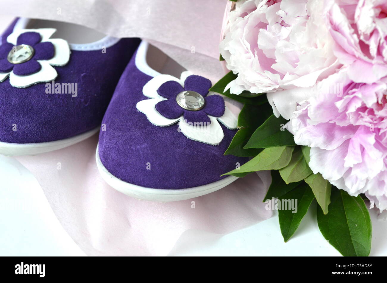 Purple violet suede leather ballerina flats shoes with blush pink peonies bouquet wrapped in a tissue paper with copy space Stock Photo