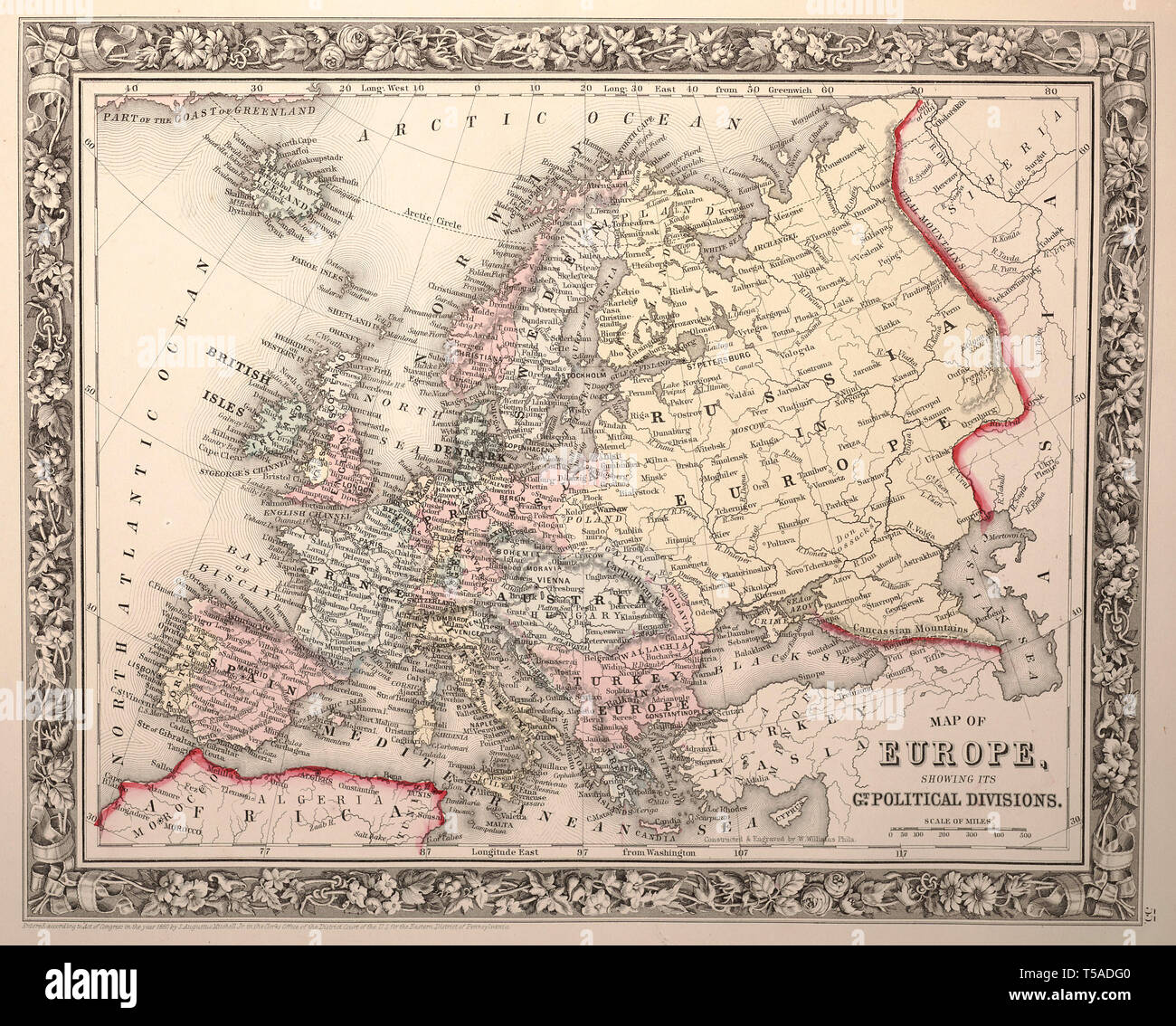 Beautiful vintage hand drawn map illustrations of Europe from old book. Can be used as poster or decorative element for interior design. Stock Photo