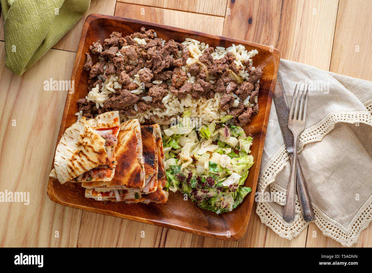 Authentic Middle Eastern veal Shawarma platter with vegetable ara'yes