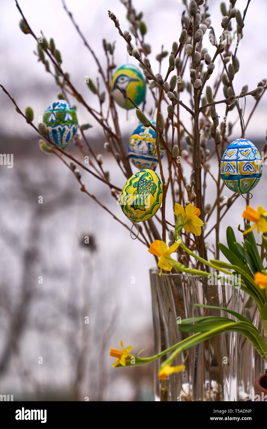 Coloured Easter eggs, willow catkins and narcissus flowers in outdoors settings in Western Finland. Stock Photo