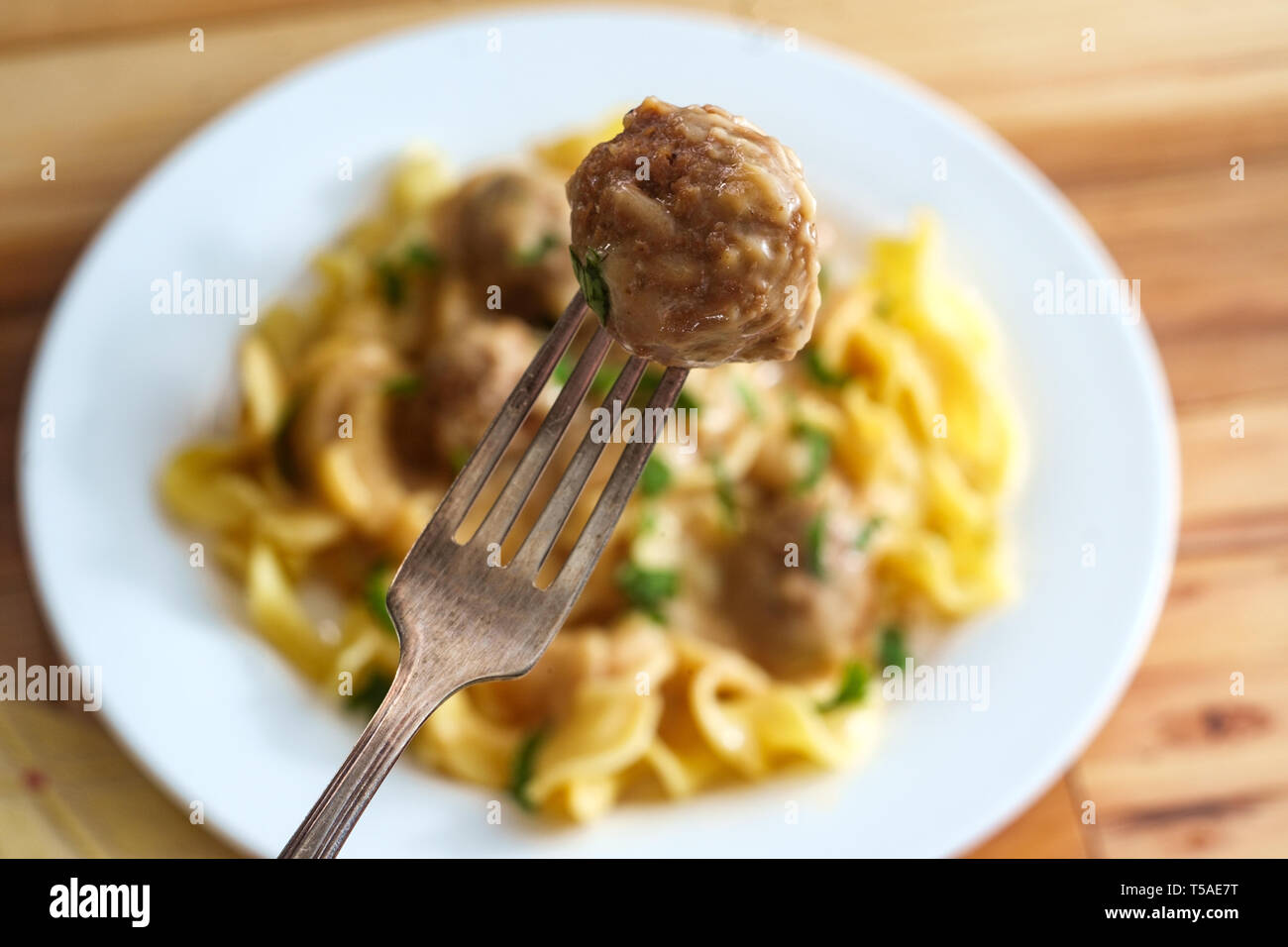Swedish meatballs in creamy gravy with curly egg noodles and parsley
