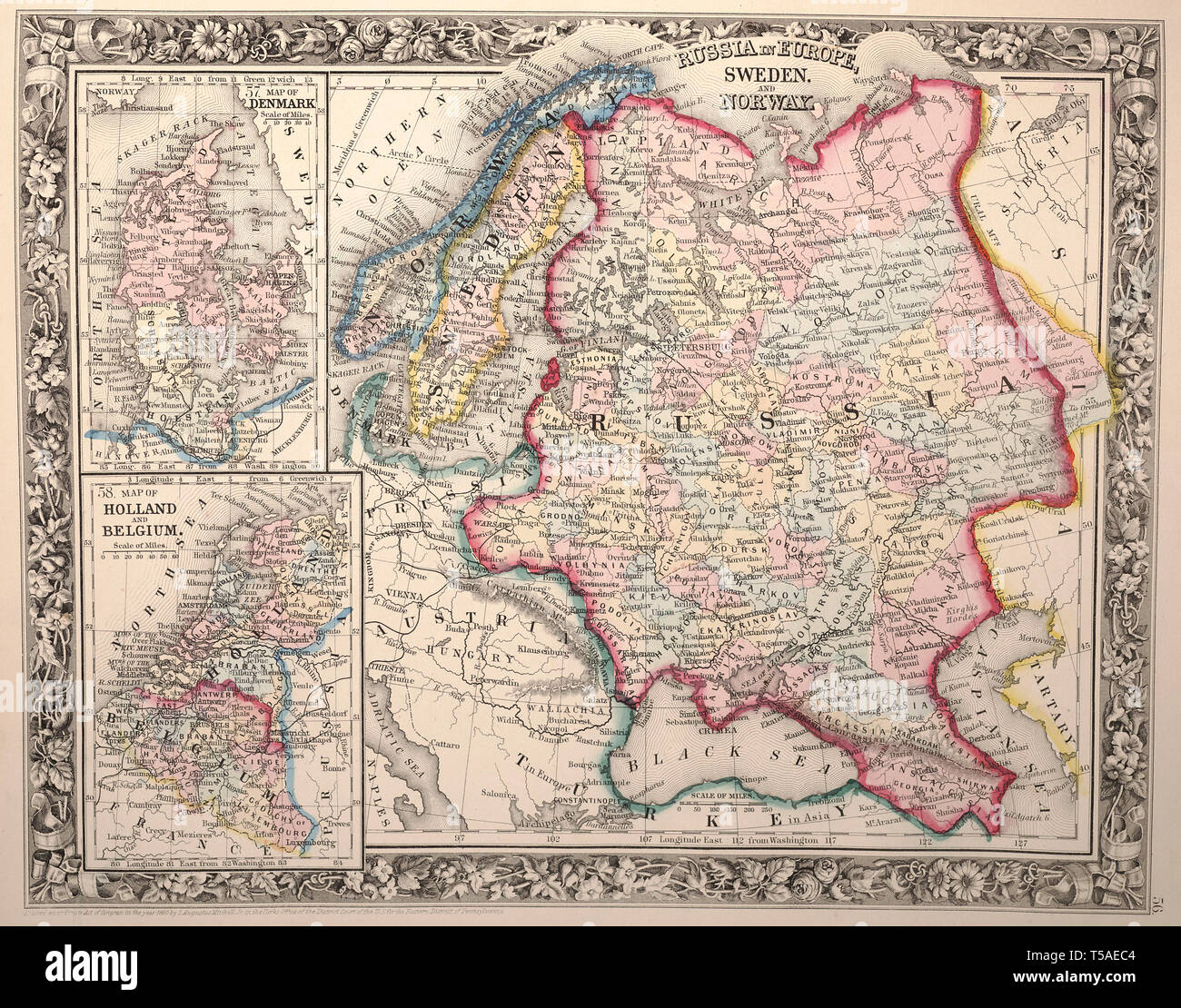 Beautiful vintage hand drawn map illustrations of Russia and Norway from old book. Can be used as poster or decorative element for interior design. Stock Photo