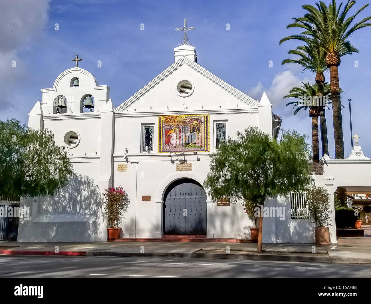 Our Lady of the Angels historic church in old Los Angeles, California - La Iglesia de Nuestra Señora la Reina de los Ángeles - exterior in sunshine. Stock Photo
