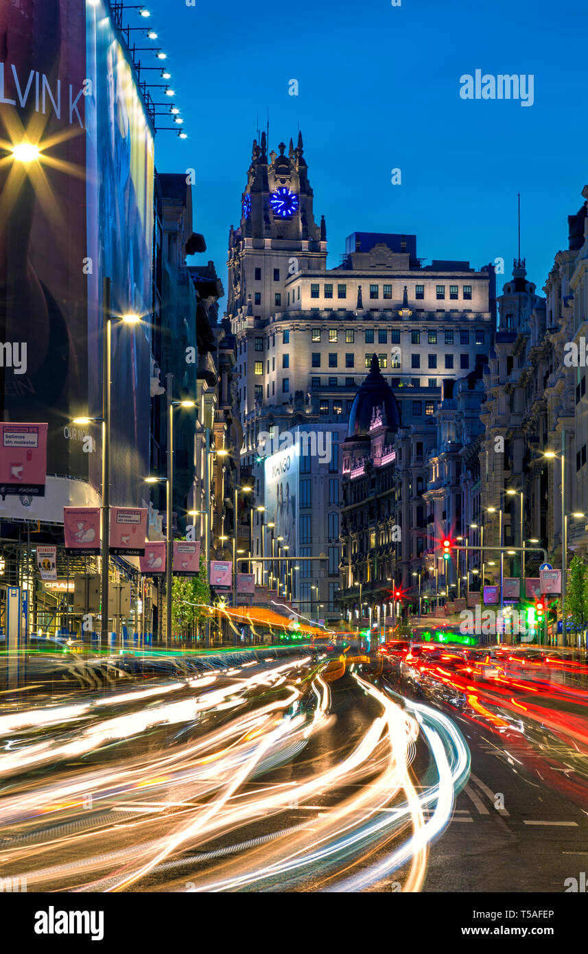 Gran Via at twilight, Madrid, Spain. - Stock Image