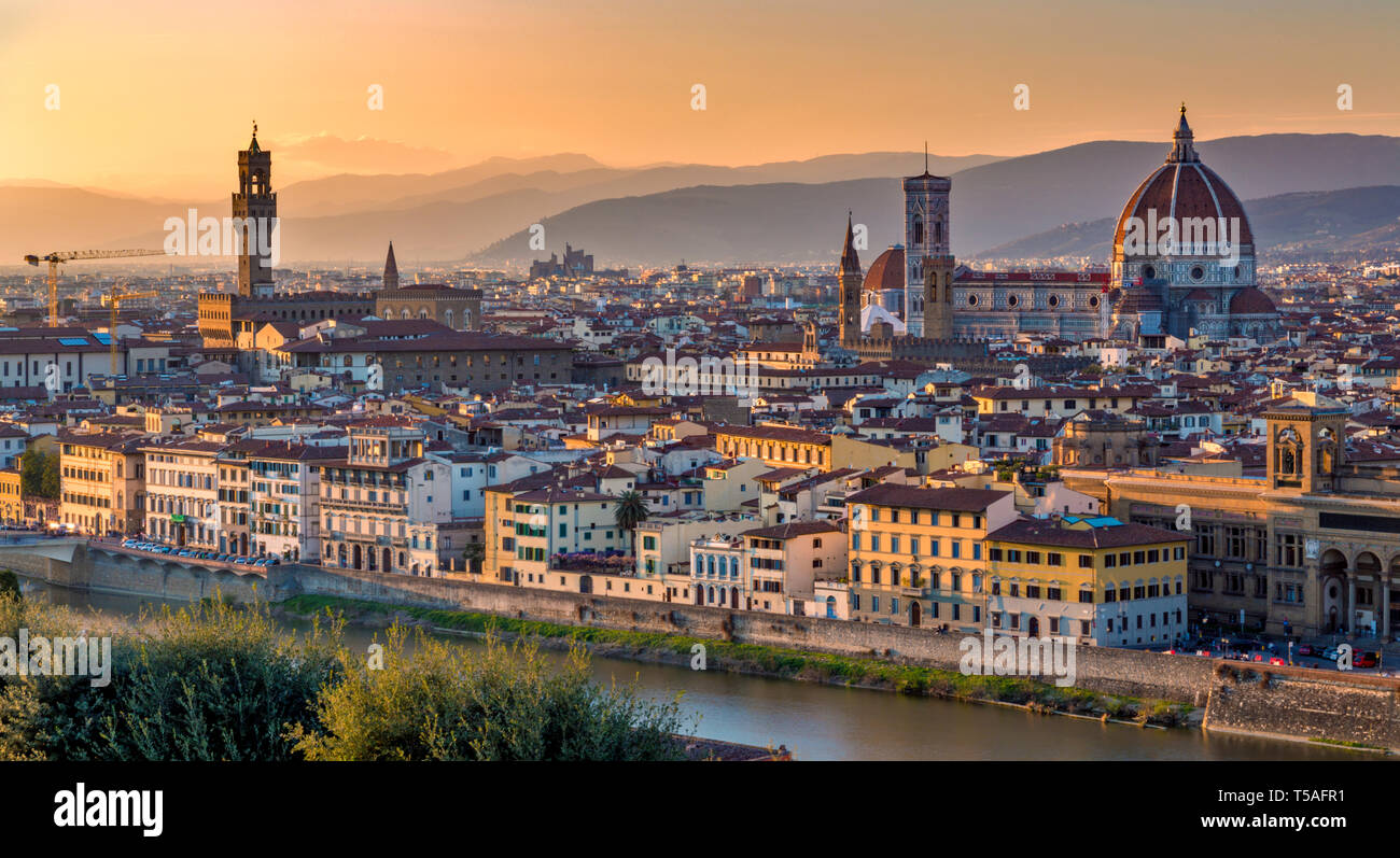 Aerial shot of Florence, Italy, at twilight. Stock Photo