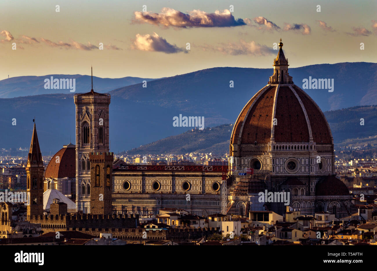 Aerial shot of Florence, Italy, at twilight. - Stock Image