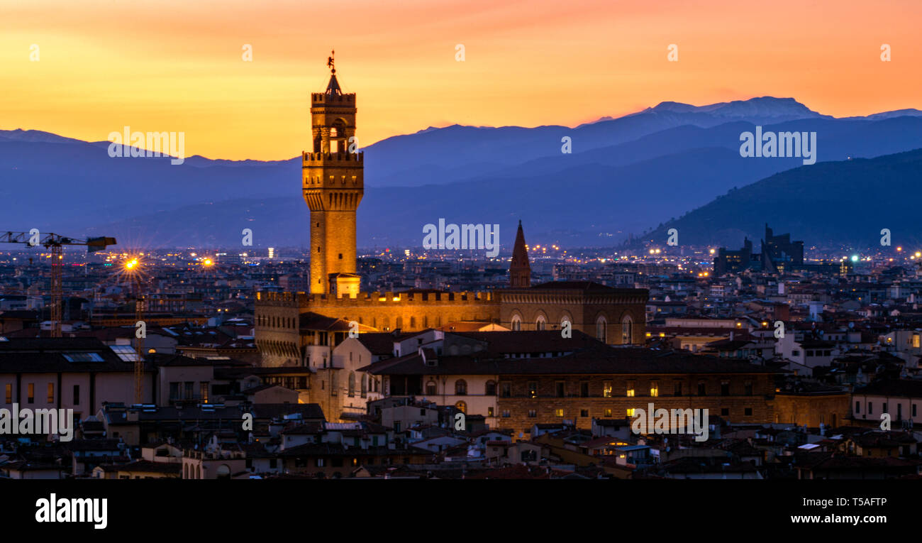 Aerial shot of Florence, Italy, at twilight. - Stock Image