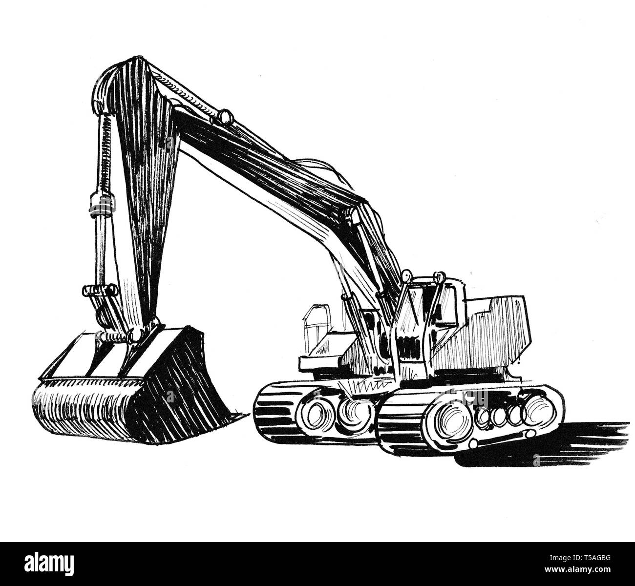 Working excavator. Ink black and white illustration Stock Photo Alamy