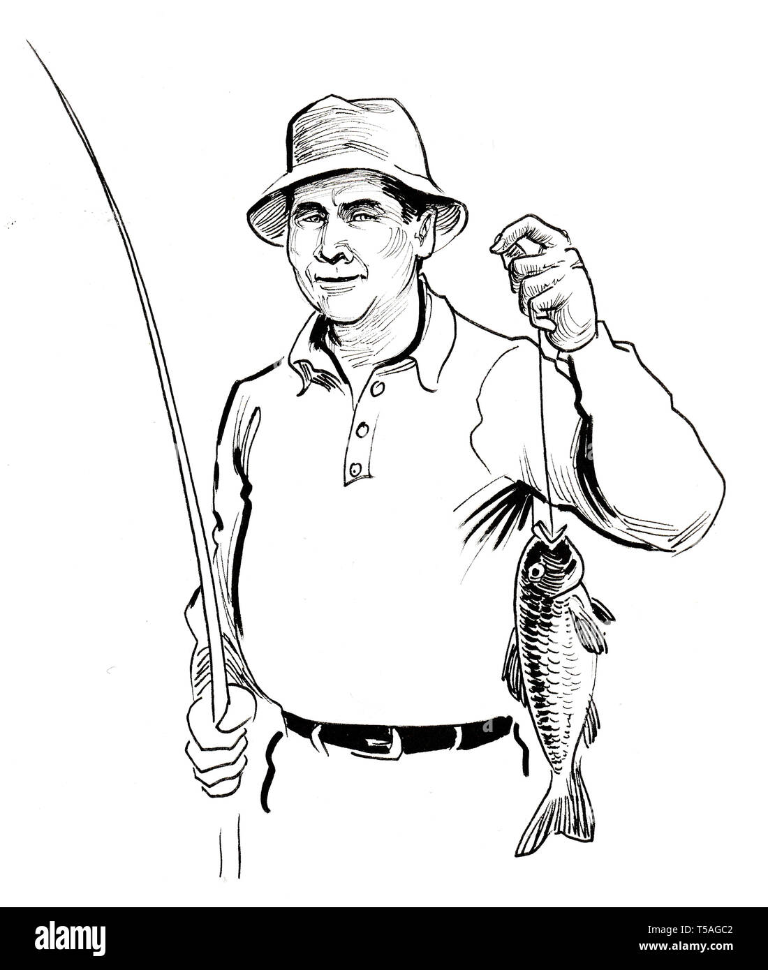 Happy man with a fishing rod, holding a caught fish. Ink black and white  drawing Stock Photo - Alamy