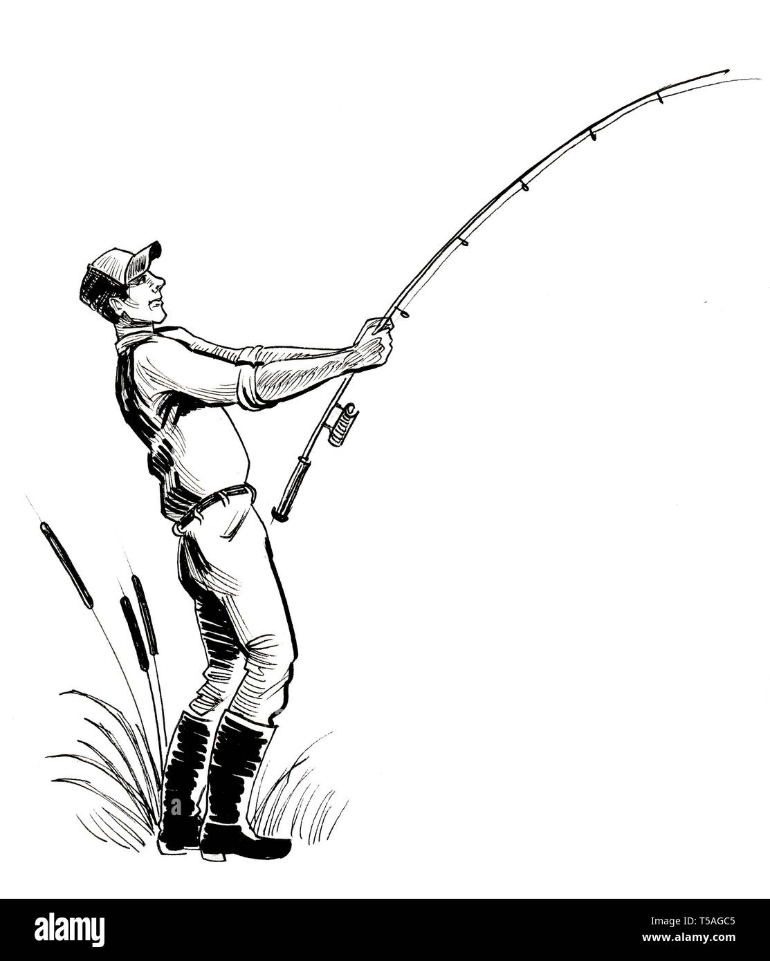 Man with a fishing rod. Ink black and white drawing Stock Photo - Alamy