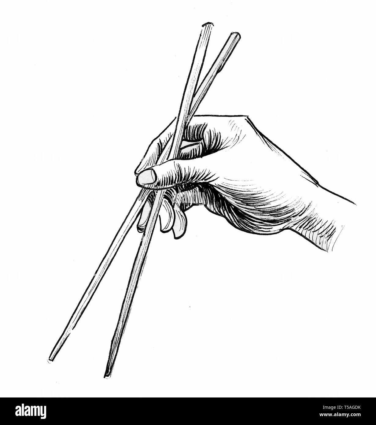 Hand with chopsticks. Ink black and white drawing Stock Photo - Alamy