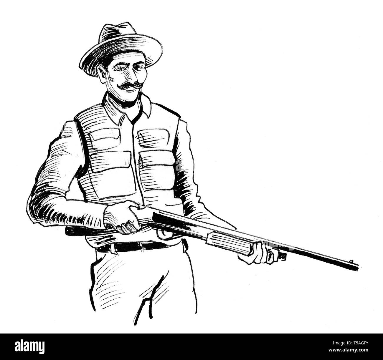 Gentleman with a hunting riffle. Ink black and white drawing Stock ...