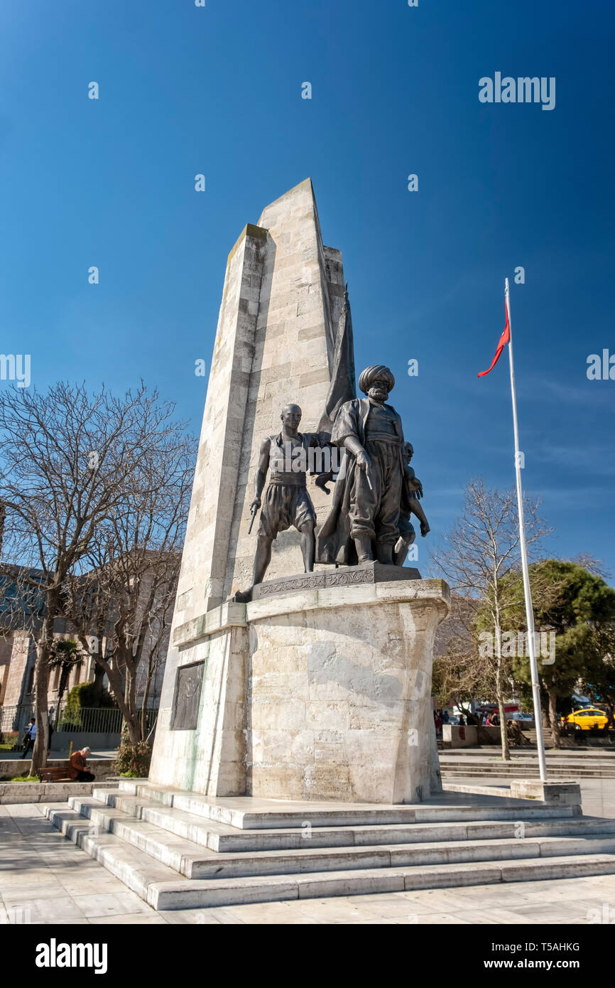 Monument for famous Ottoman Navy Admiral Barbaros Hayrettin Pasa at Besiktas town square, Istanbul, Turkey. Stock Photo