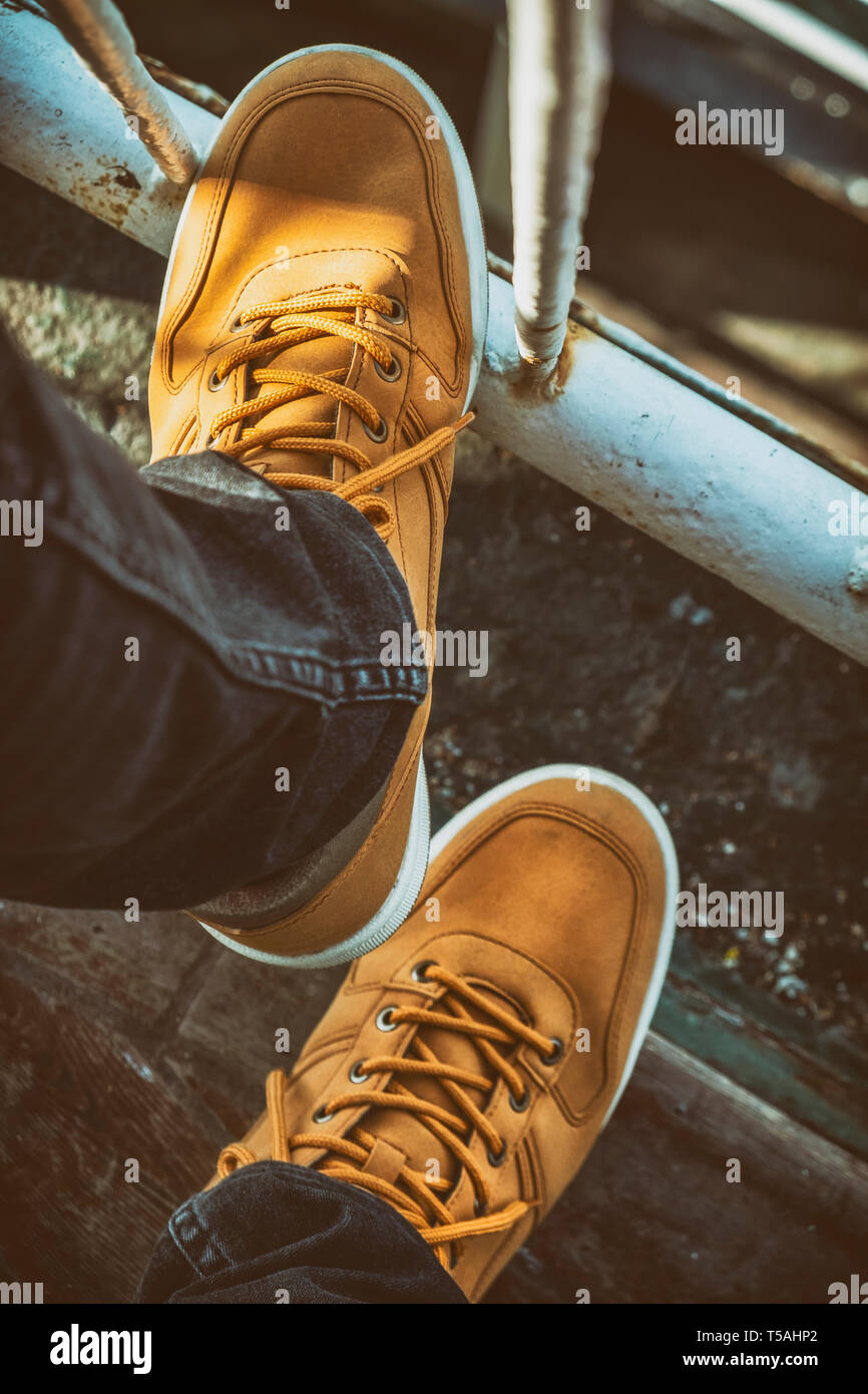 Close Up Shot Of Stylish Yellow Boots Stock Photo