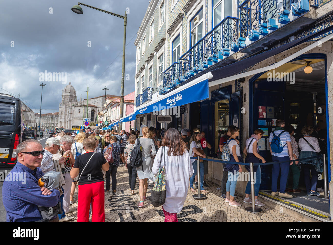 Queue in front of famous Pasteis de Belem pastry shop in Belem district