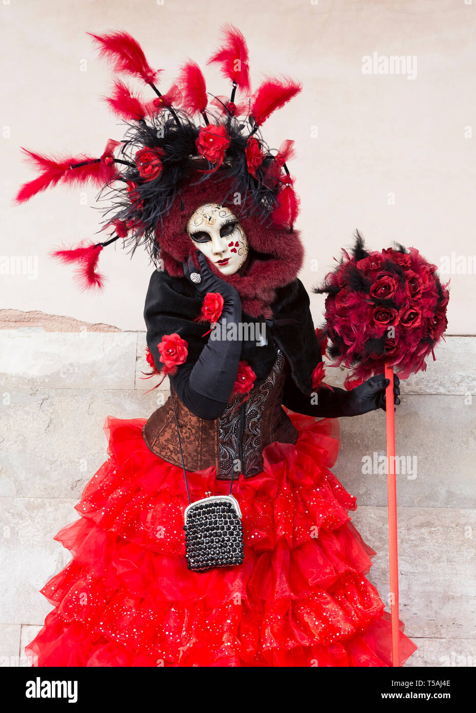 Person wearing red and black costume posing with rose flowers, Venice  carnival, Italy Stock Photo - Alamy