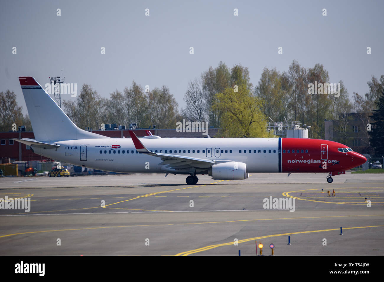 30.04.2018. RIGA, LATVIA. Norwegian Air plane Boeing 737-8JP, during departure from Riga International Airport (RIX). Stock Photo