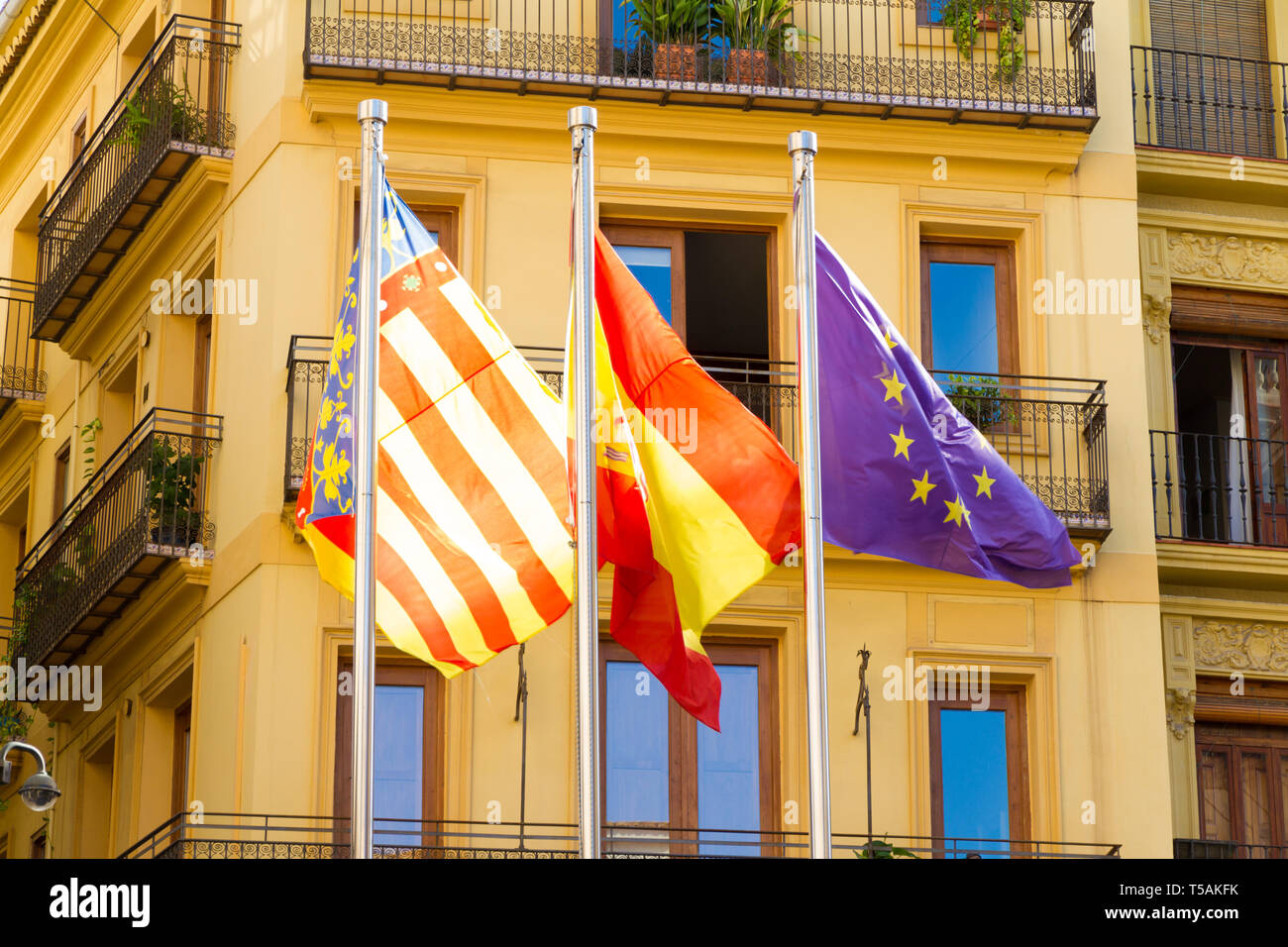 Valencia, Spain. Flags near the seat of the Valencian government in the city center Stock Photo