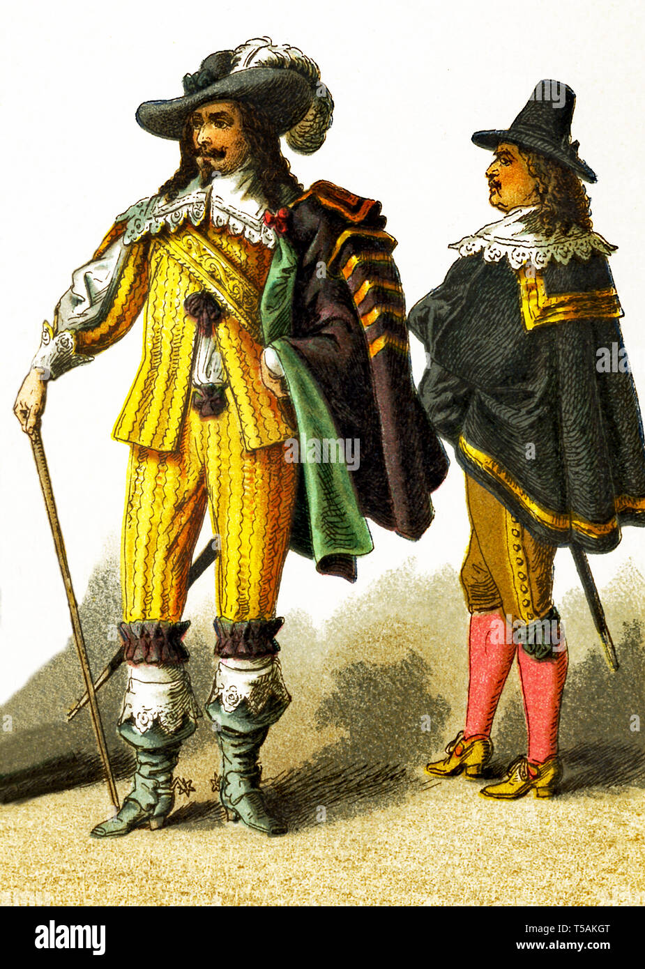The figures here represent French cavaliers in the 1600s. This illustration dates to 1882. Stock Photo