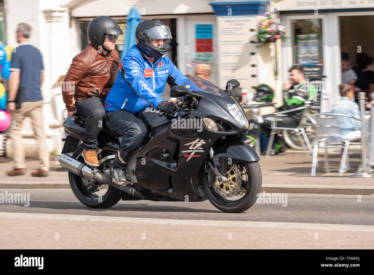 Suzuki Hayabusa or GSX1300R motorcycle riding at the Southend Shakedown Resurrection 2019 event, Southend on Sea, Essex seafront Stock Photo