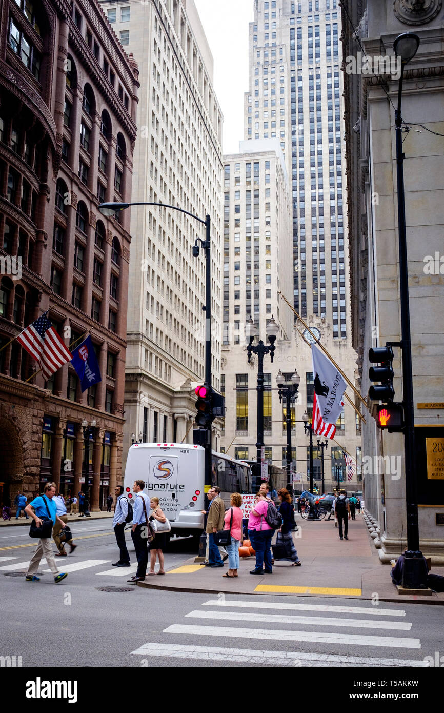 West Adams Street with South LaSalle Street corner at Downtown Chicago Stock Photo