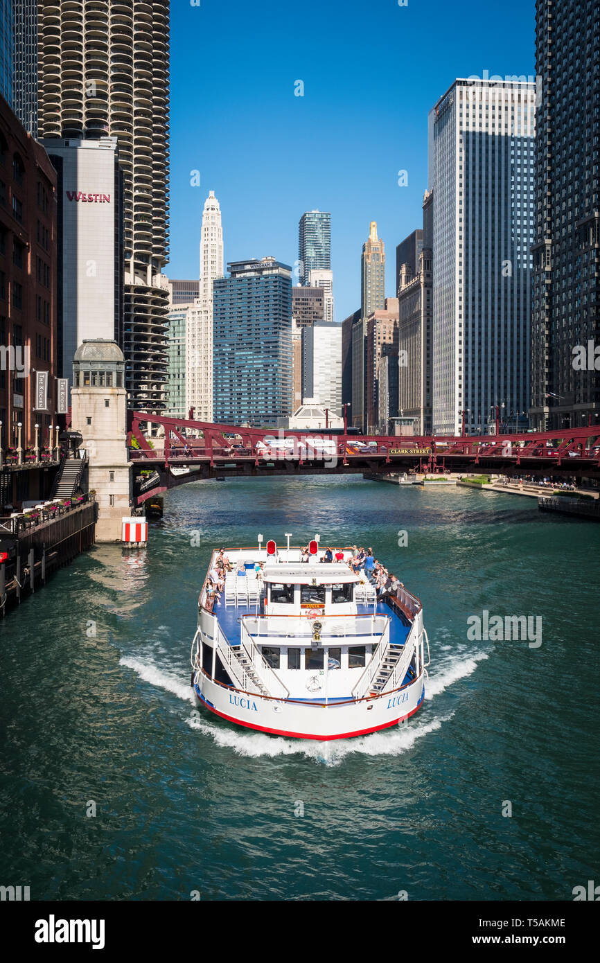 Ferry on Chicago River just passing Clark Street Bridge Stock Photo - Alamy