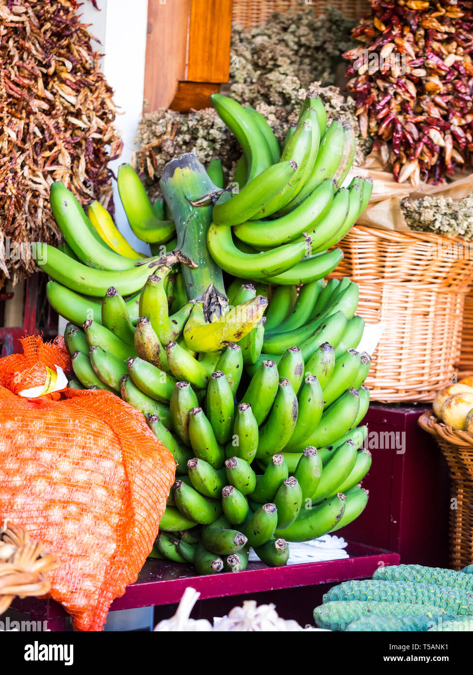 Bananas from Madeira sold on a local market in Funchal, Madeira, Portugal. Stock Photo