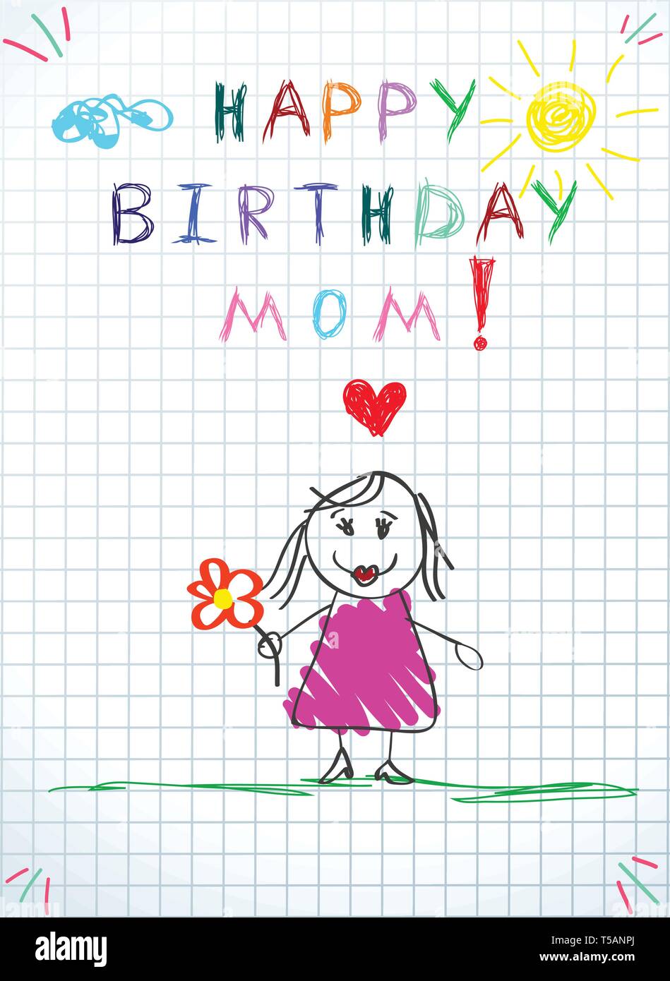 Happy Birthday Mom Greeting Card Baby Drawing Illustration With