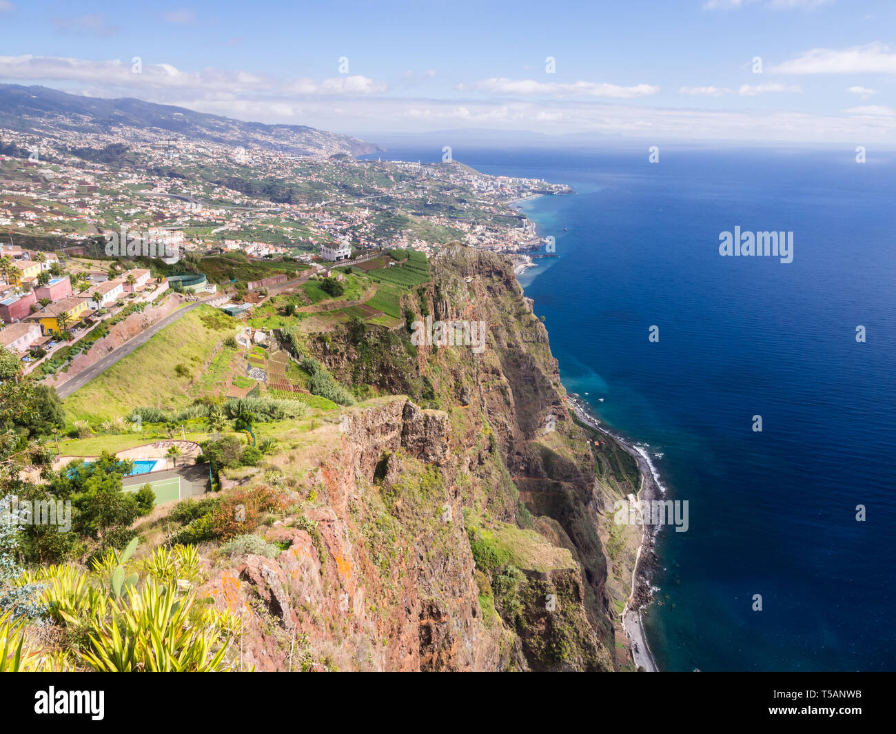 Aerial view of Funchal, the capital of Madeira island, Portugal, as seen from Cabo Girao Skywalk viewpoint. Stock Photo